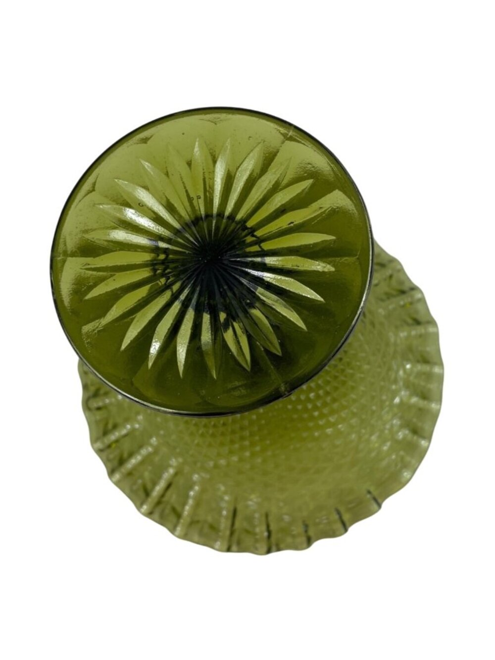Vintage Green Glass Compote With Diamond Pattern & Ruffled Edge Pedestal Bowl - Picture 8 of 11